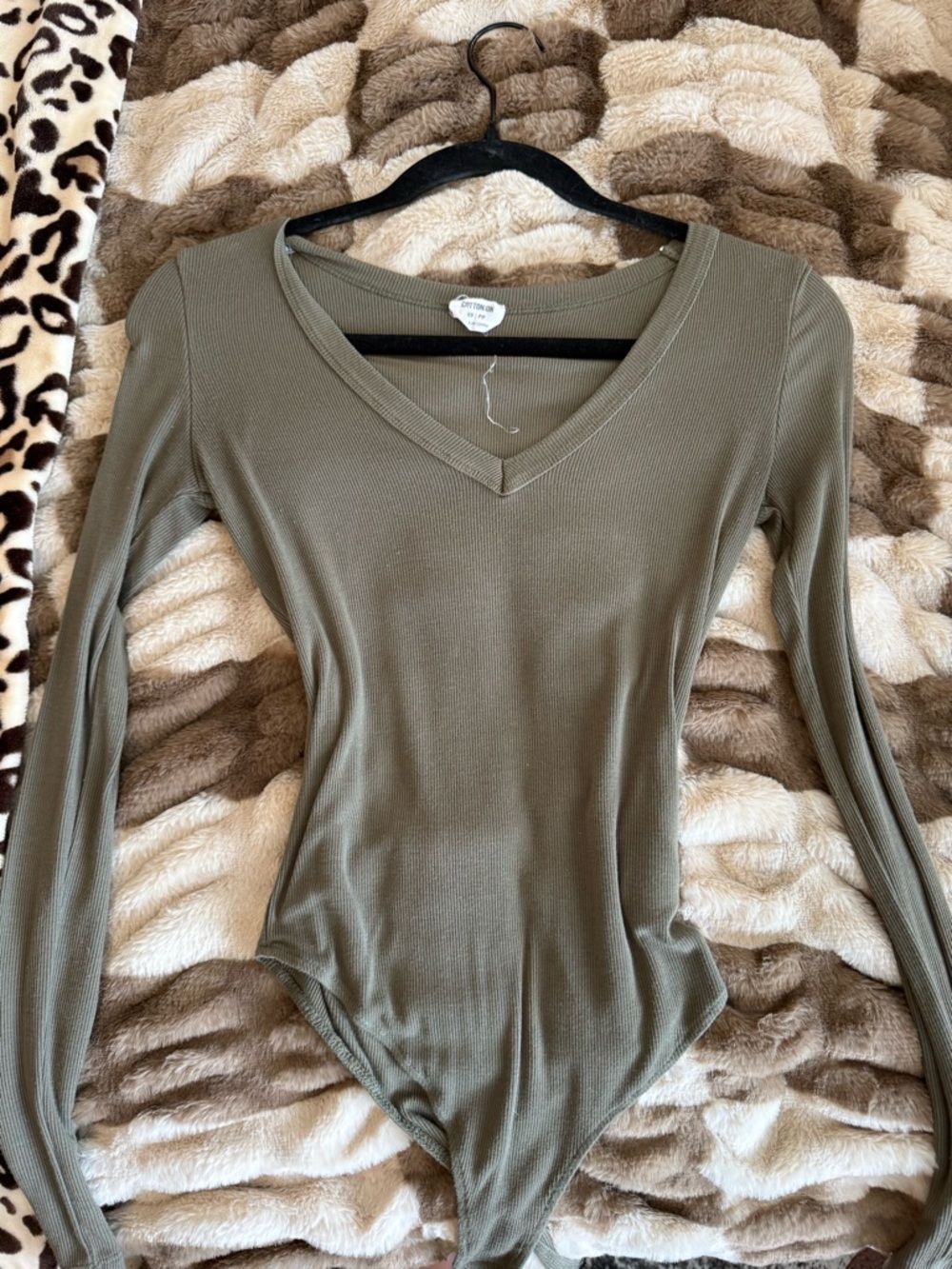 Cotton On Olive Ribbed V-Neck Long Sleeve Bodysuit